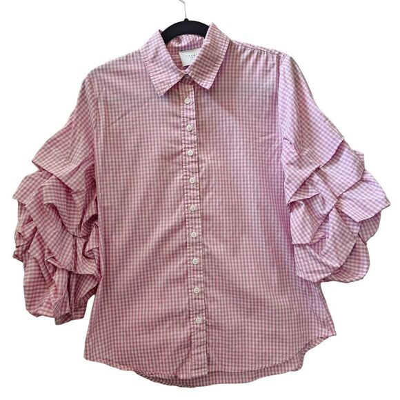 The Shirt By Rochelle Behrens Seville L‎ Pink 3/4 Puff Sleeve Gingham Top Boho - Picture 1 of 14